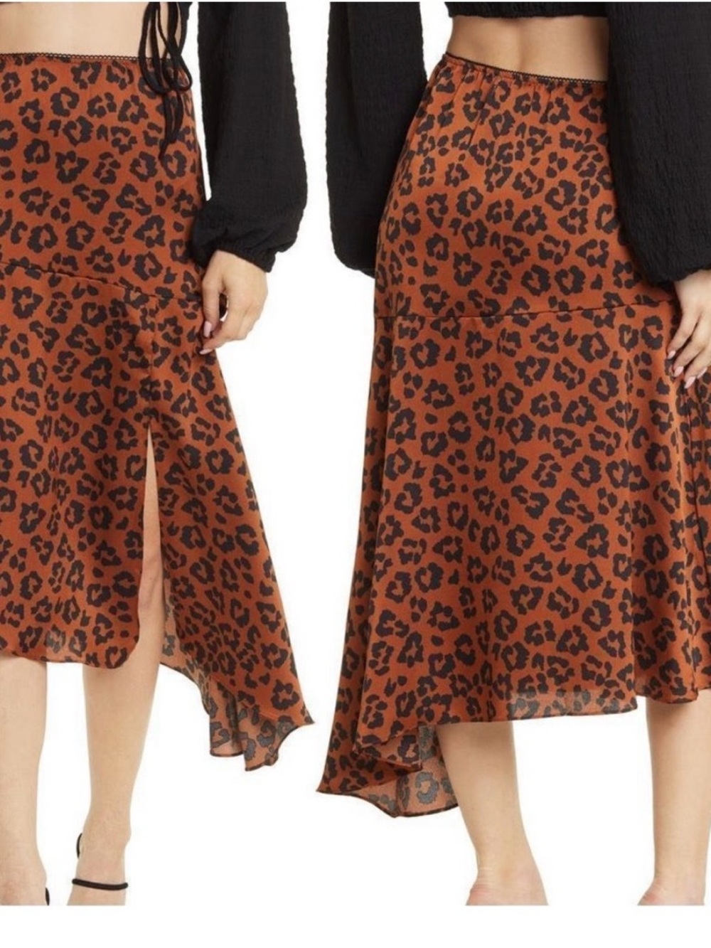 Everleigh Leopard Print Asymmetrical Skirt Midi Brown Black Small NWT